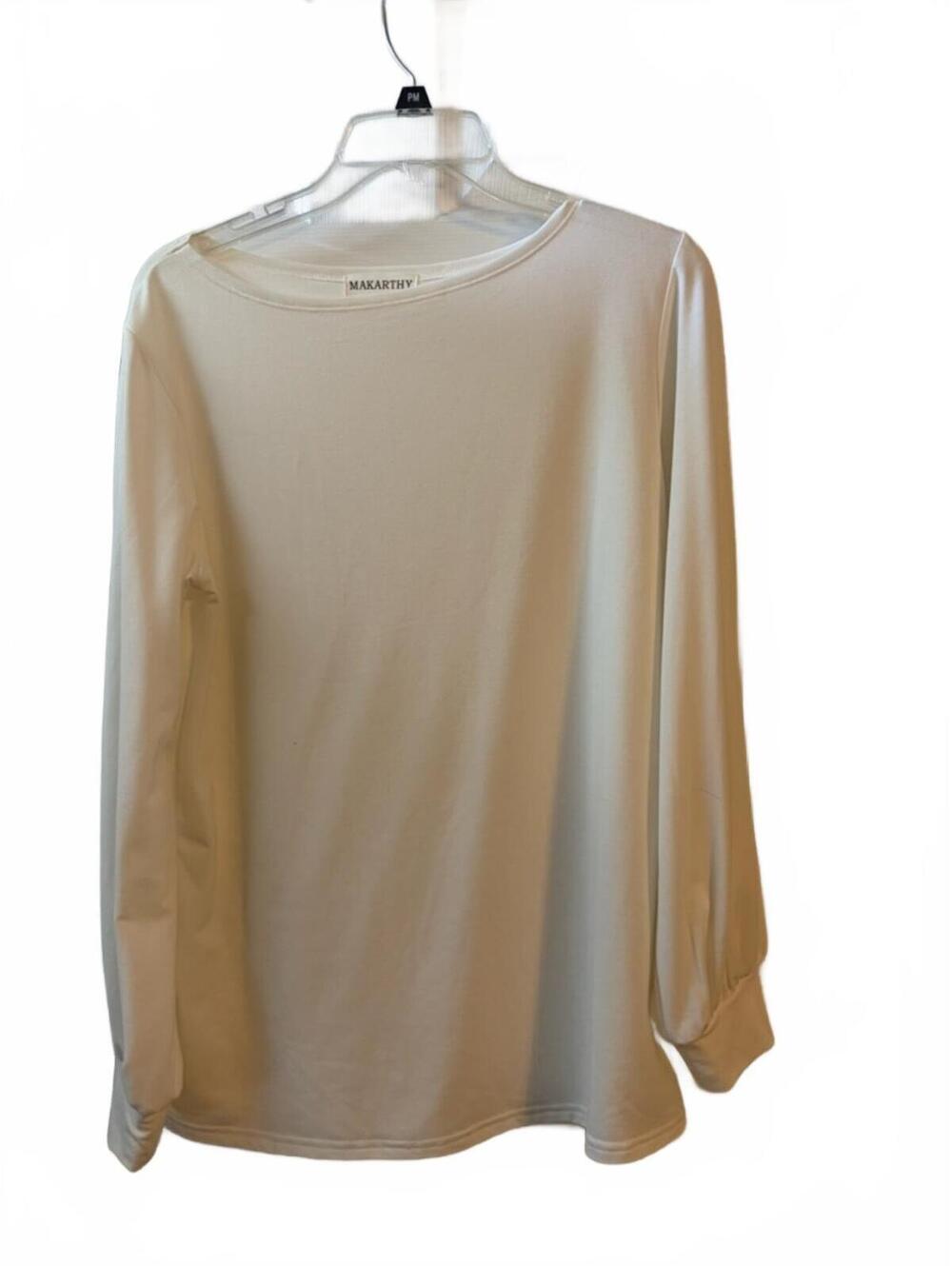 Makarthy White Long Sleeve Boat Neck Blouse Classic Career Top